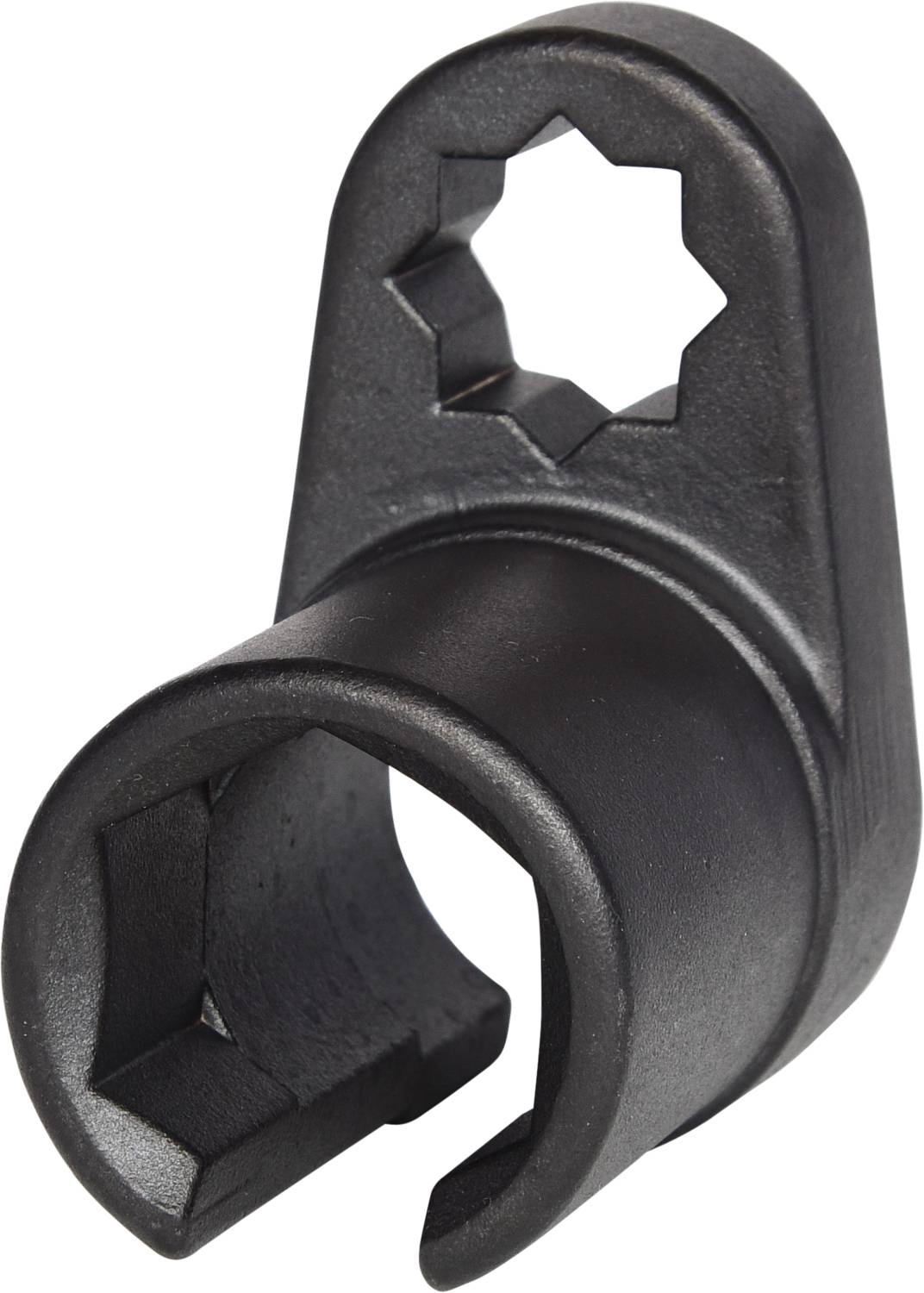 Czarny metalowy przyrząd z gwiaździstym otworem i cylindrycznym trzonkiem, używany do mocowania śrub lub nakrętek.