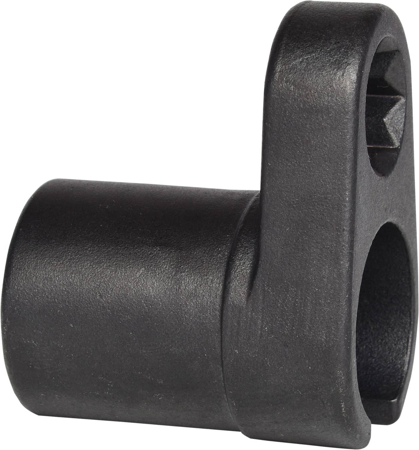 Czarna plastikowa część z dwoma otworami, w prostym kącie. Zakrzywiona konstrukcja przy przednim otworze.