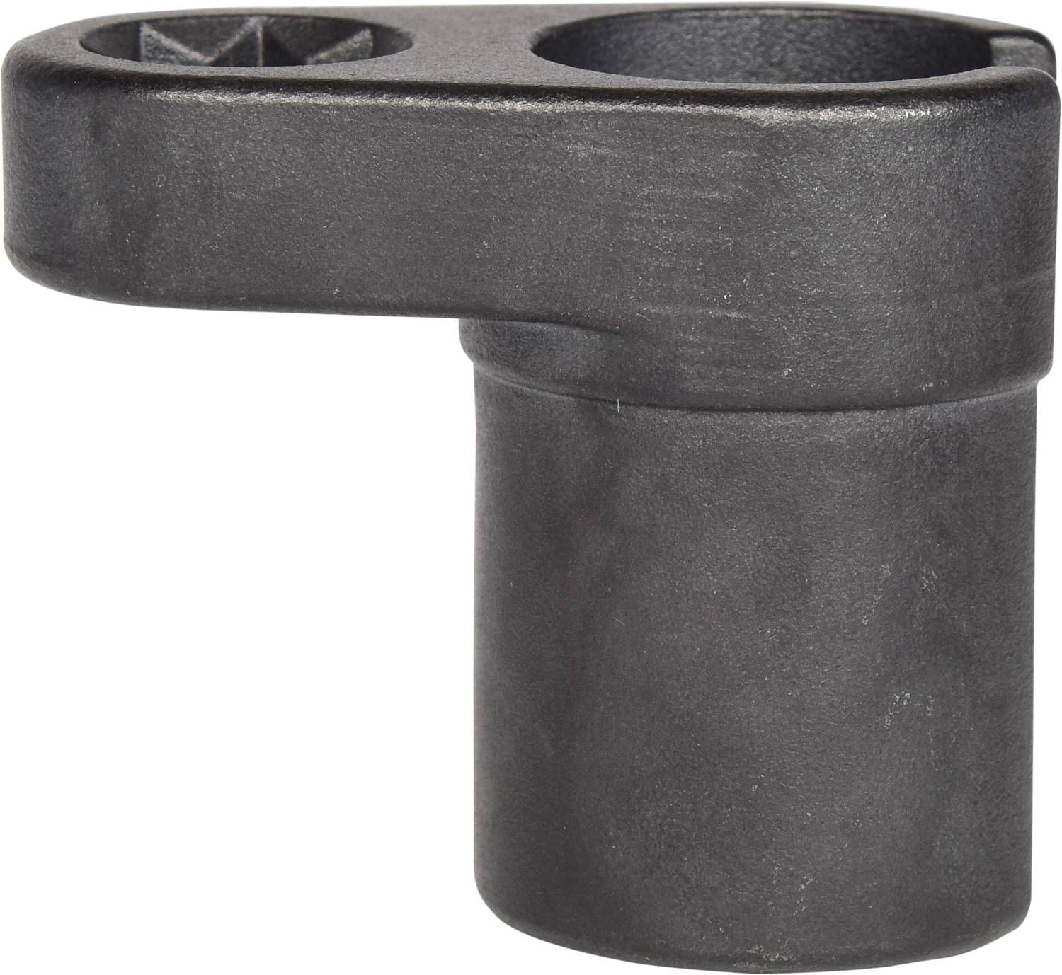 Czarny element łączący z tworzywa sztucznego, o kształcie cylindrycznym z prostokątnym przedłużeniem. Stosowany do mocowania w zestawach budowlanych.