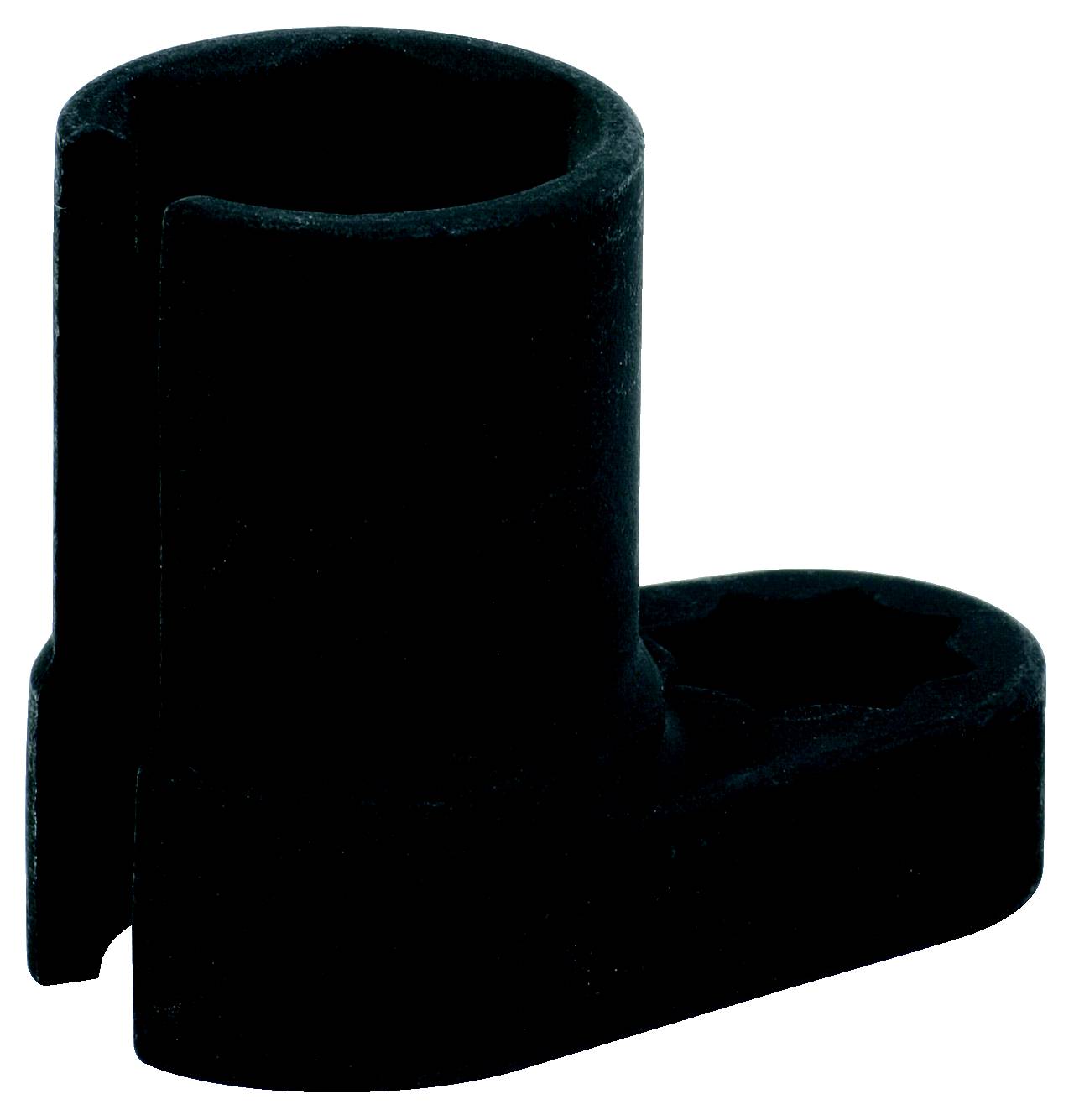 Czarna, wykonana z tworzywa sztucznego część w kształcie litery L z otworem na jednym końcu, prawdopodobnie element składowy lub uchwyt.