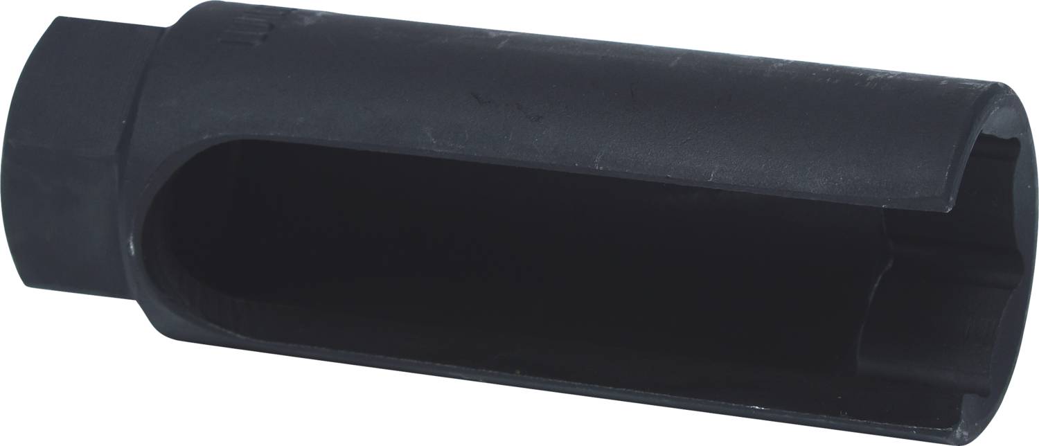 Czarna, cylindryczna metalowa tuleja z wyciętą częścią boczną, prawdopodobnie element maszyny lub akcesorium.