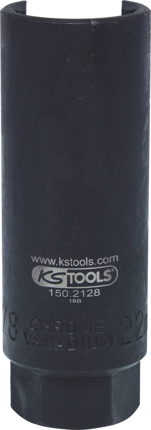 Cylindryczna, czarna nasadka z wygrawerowanym napisem 'KS TOOLS 22mm'. Stosowana do prac śrubowych, wykonana ze stali chromowo-wanadowej.