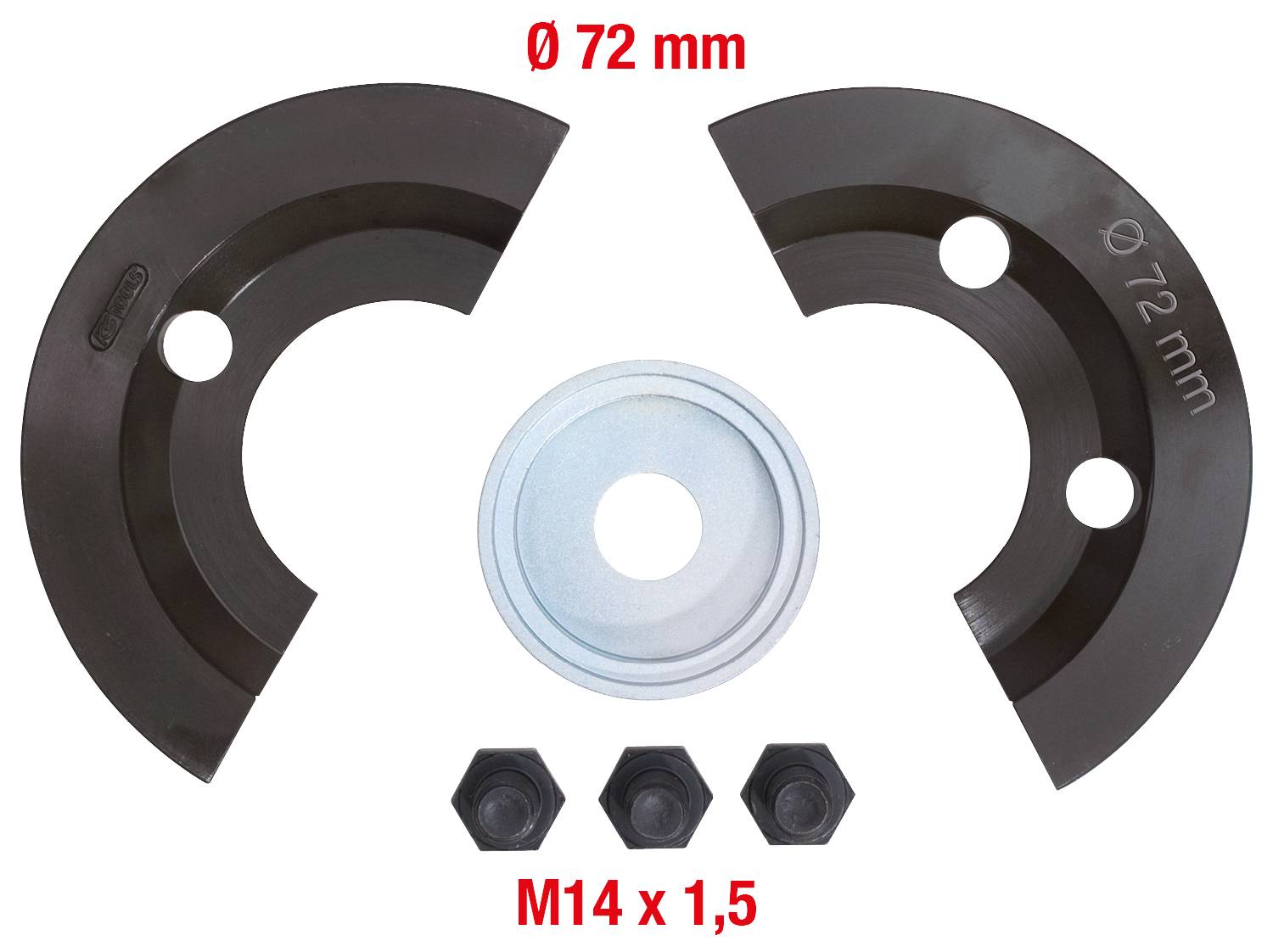 Dwie półkoliste krążki z otworem, okrągła metalowa podkładka i trzy nakrętki, oznaczenie 'Ø 72 mm', 'M14 x 1,5'.