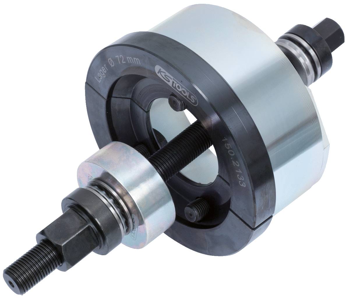 Srebrne i czarne narzędzie do montażu piast kół, składające się z kilku wzajemnie zazębiających się części.