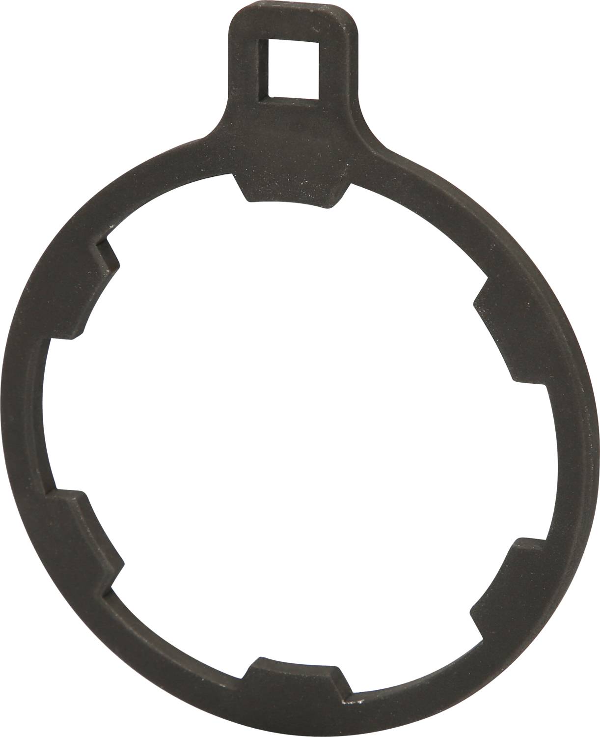 Czarny, okrągły pierścień z tworzywa sztucznego z wycięciami i prostokątną zakładką na górze, prawdopodobnie do mocowania lub montażu.