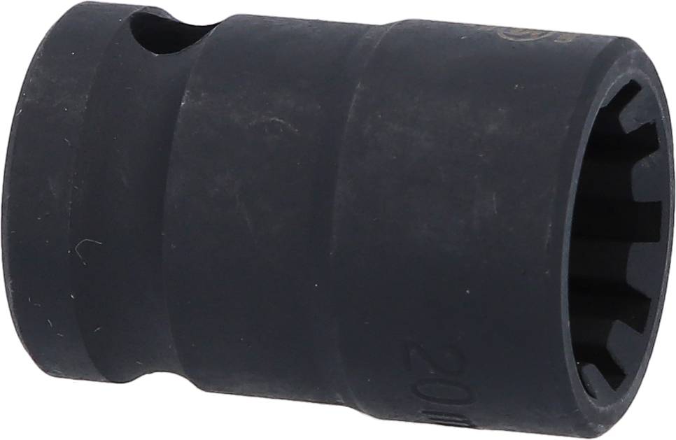 Czarny klucz nasadowy o cylindrycznym kształcie z karbowanym profilem wewnętrznym, stosowany do montażu lub demontażu nakrętek.