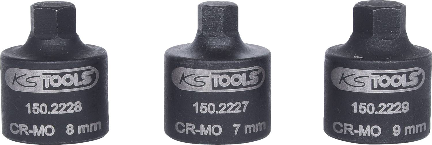 Trzy czarne nasadki udarowe (7 mm, 8 mm, 9 mm) firmy KS Tools wykonane ze stali CrMo, ułożone obok siebie, z napisami na przedniej stronie.