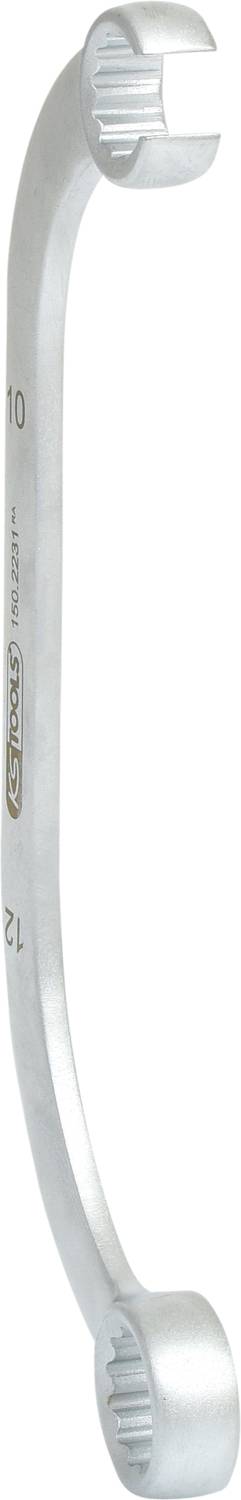 Metalowy klucz oczkowy o wygiętym kształcie z dwoma końcówkami o różnej wielkości, przeznaczony do prac naprawczych.