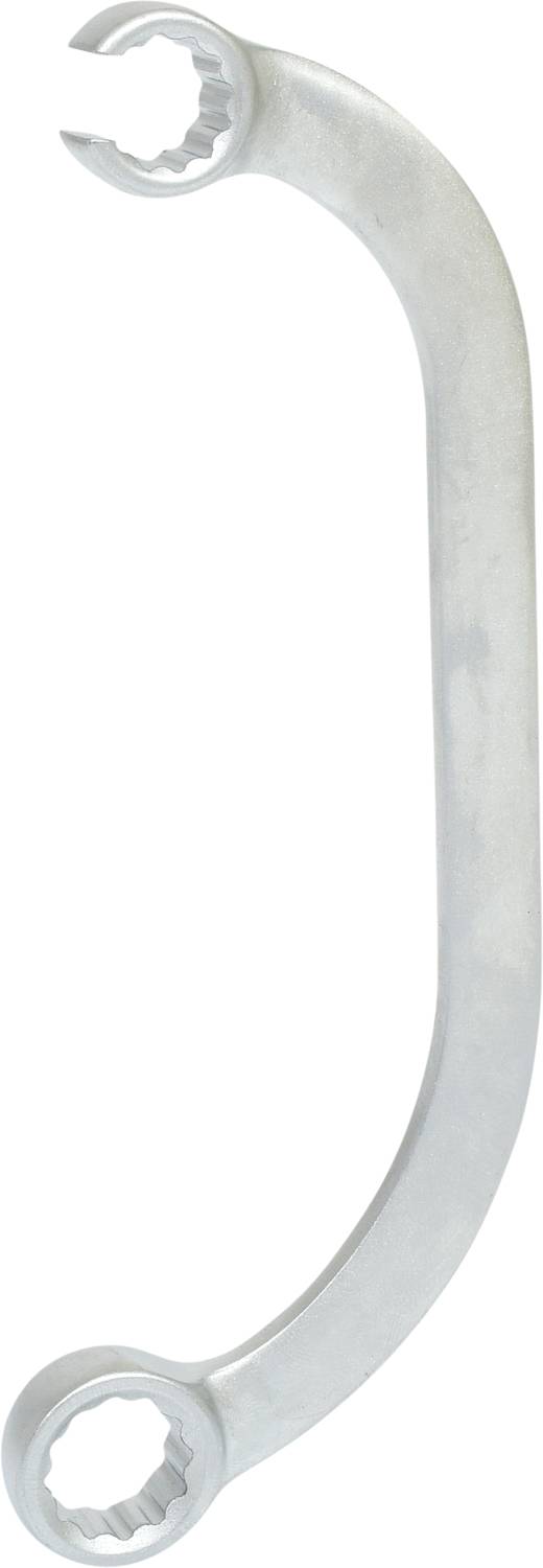 Zakrzywiony klucz płasko-oczkowy wykonany z metalu, posiadający otwarte pierścienie na obu końcach. Jest przeznaczony do odkręcania lub dokręcania nakrętek.