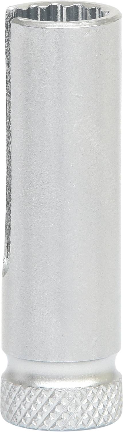 Srebrny metalowy cylinder o żebrowanej podstawie, prawdopodobnie końcówka narzędzia, stoi pionowo.