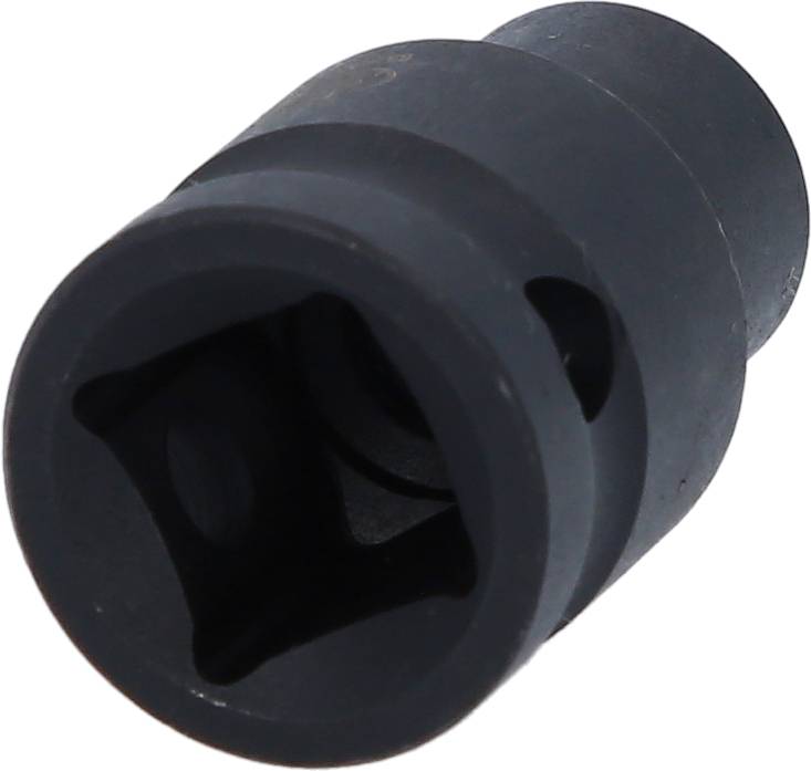 Czarny metalowy adapter o kształcie cylindrycznym z kwadratowym otworem służy do łączenia różnych końcówek narzędziowych.