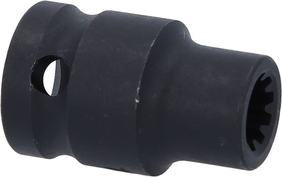 Czarne metalowe narzędzie z cylindrycznym zakończeniem i otworem z boku. Prawdopodobnie adapter lub element łączący.
