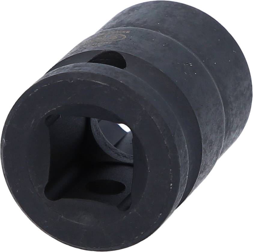 Czarny, cylindryczny adapter klucza z kwadratowym otworem. Stosowany podczas prac mechanicznych.
