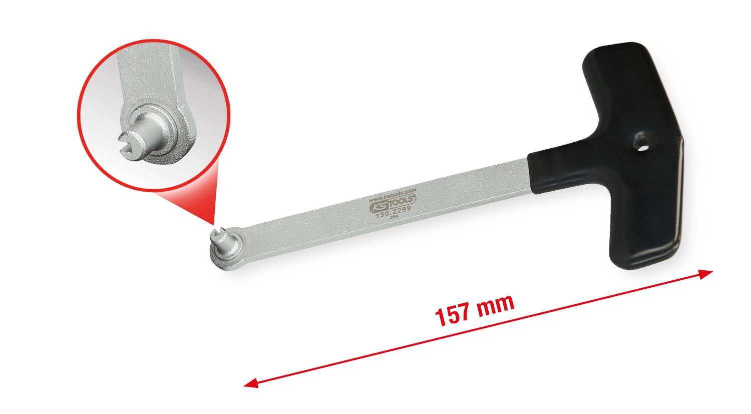 Narzędzie w kształcie litery T z czarnym uchwytem i metalowym czubkiem wkrętaka. Całkowita długość wynosi 157 mm.