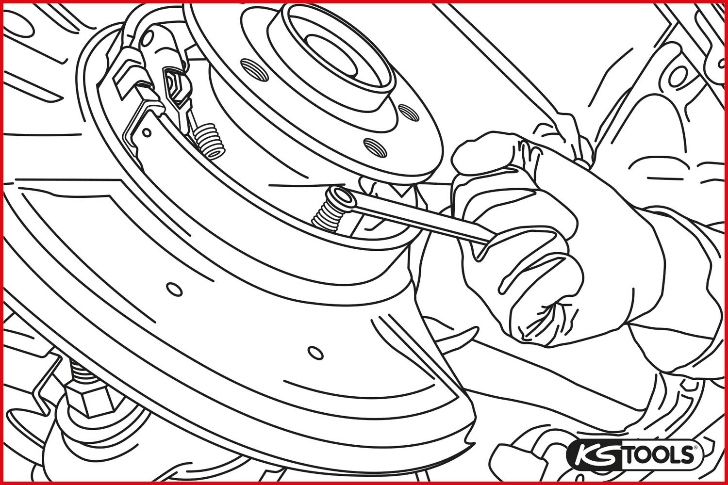 Dłoń w rękawicy dokręca śrubę na tarczy hamulcowej za pomocą klucza. Widoczne narzędzie marki KS Tools.