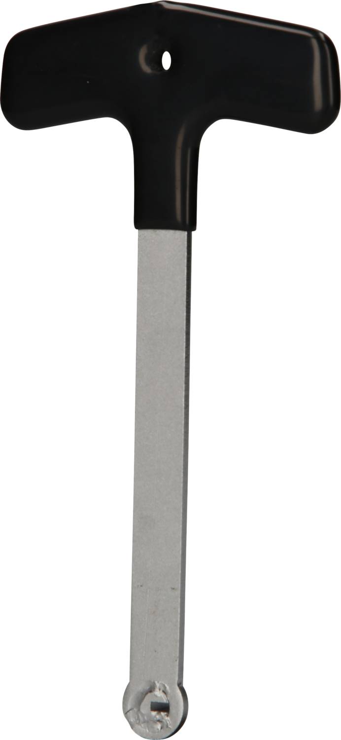 Klucz do śrub z uchwytem T i długim metalowym trzpieniem, odpowiedni do miejsc trudno dostępnych.