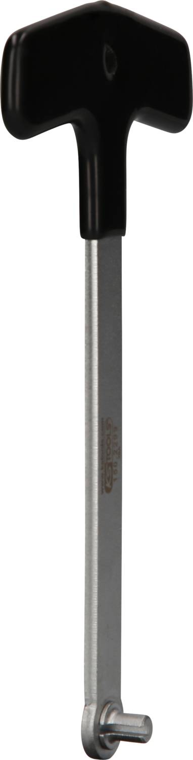 Czarny stroik akordowy z metalowym prętem i hakiem na końcu, używany do strojenia instrumentów muzycznych.