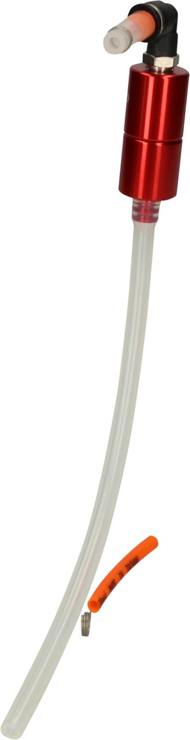 Czerwony syfon aluminiowy z przezroczystym wężem plastikowym i czarnym elementem przyłączeniowym, prawdopodobnie do transferu płynów.