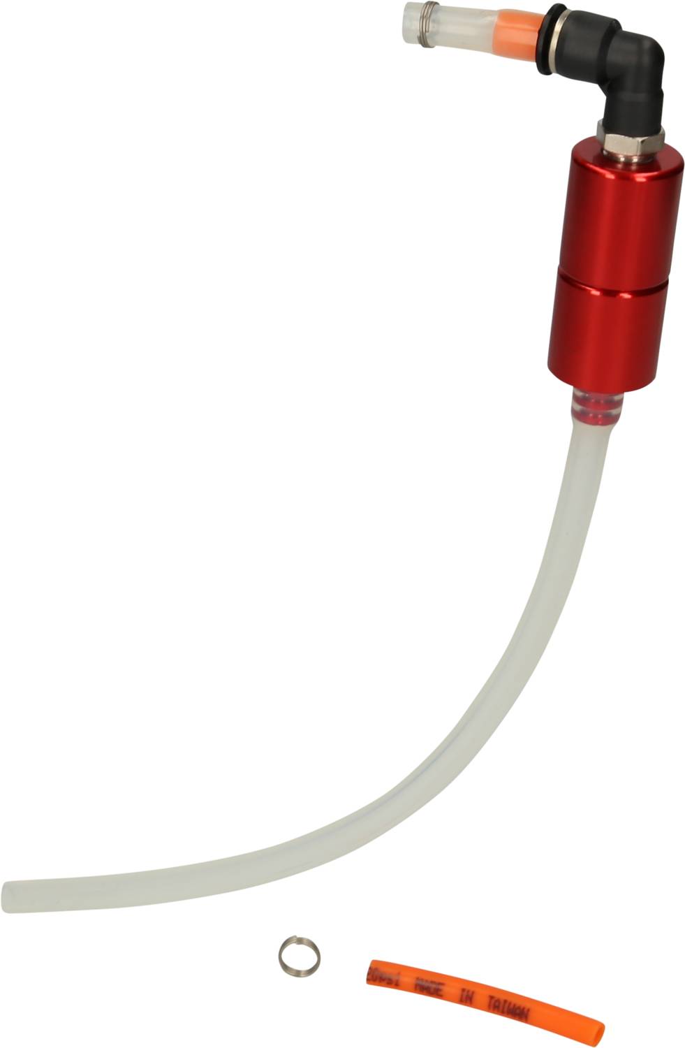 Czerwony kolektor oleju do motocykli z wężem i pierścieniem montażowym. Poniżej mały, niewyraźny pomarańczowy pasek plastikowy.