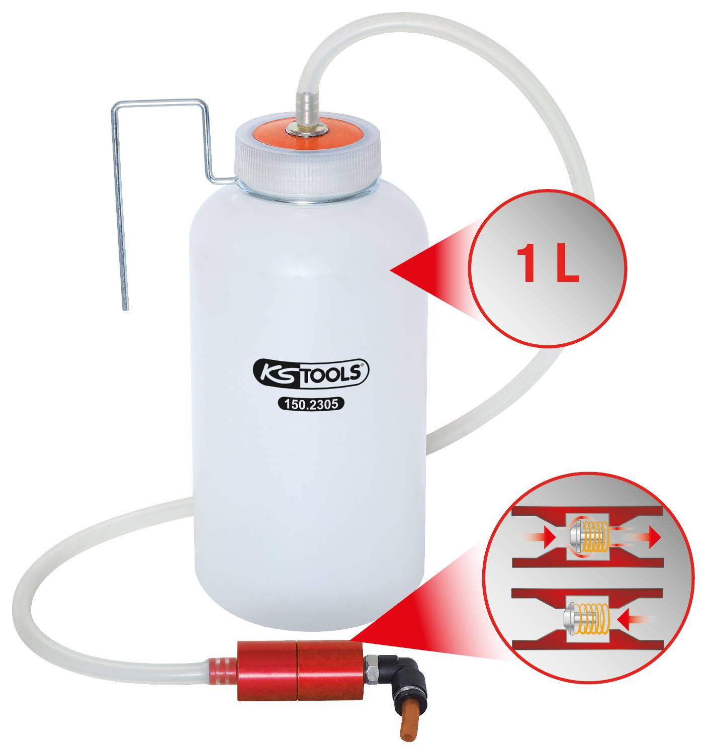 Biały pojemnik o pojemności 1 litra z wężem, przeznaczony do odsysania płynów, przedstawia sposób działania za pomocą strzałek.