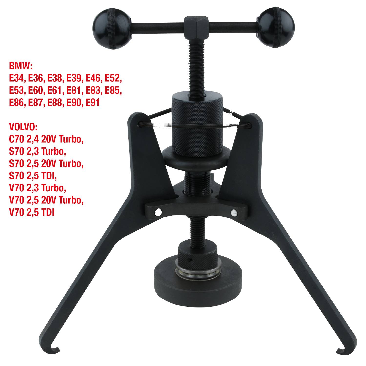 Czarny ściągacz przedstawiony na białym tle, używany do serwisowania modeli samochodów BMW i Volvo, zgodnie z opisem w tekście.