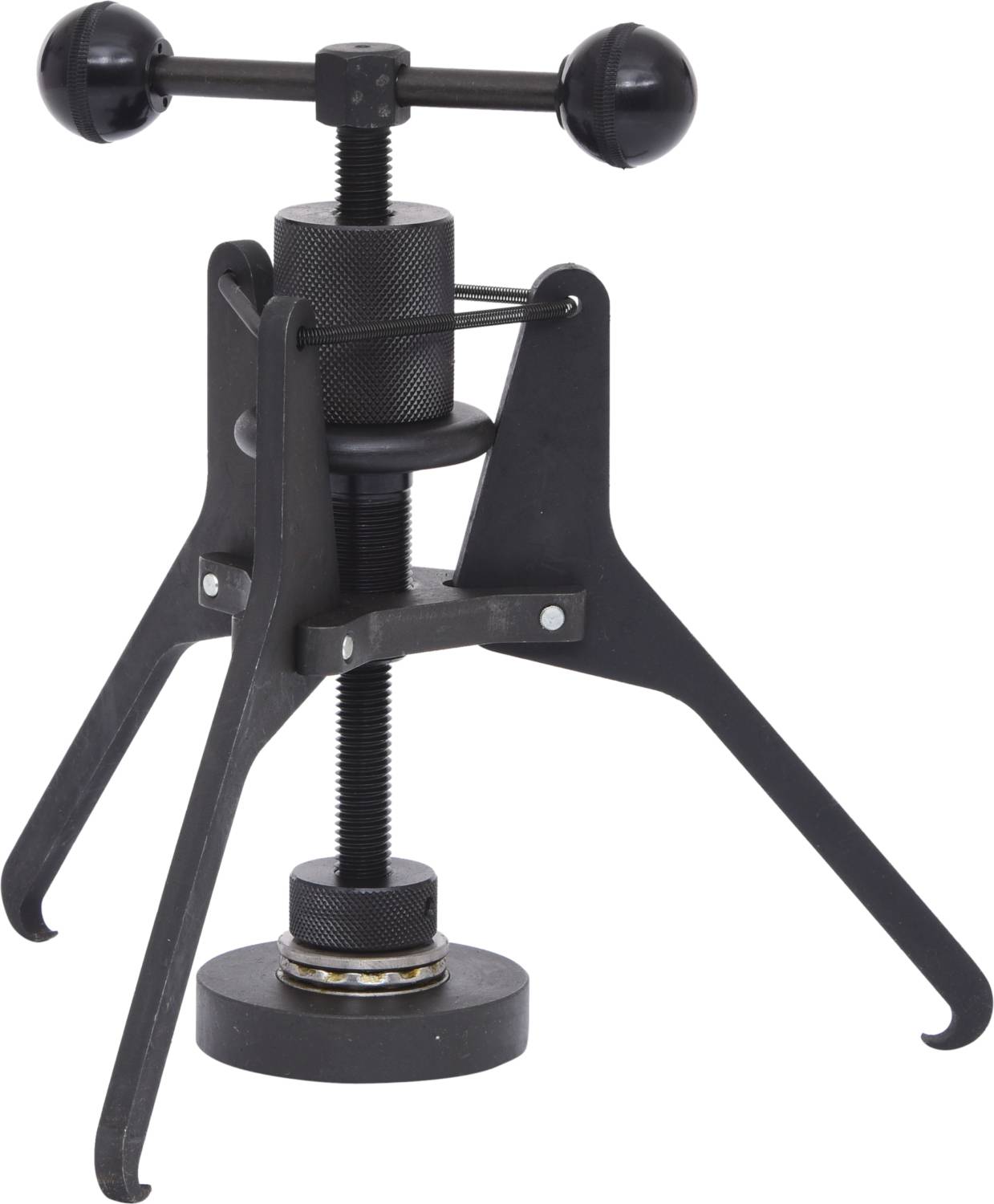 Urządzenie o trzech nogach z uchwytem, prawdopodobnie mechaniczny przyrząd służący do mocowania lub trzymania przedmiotów.