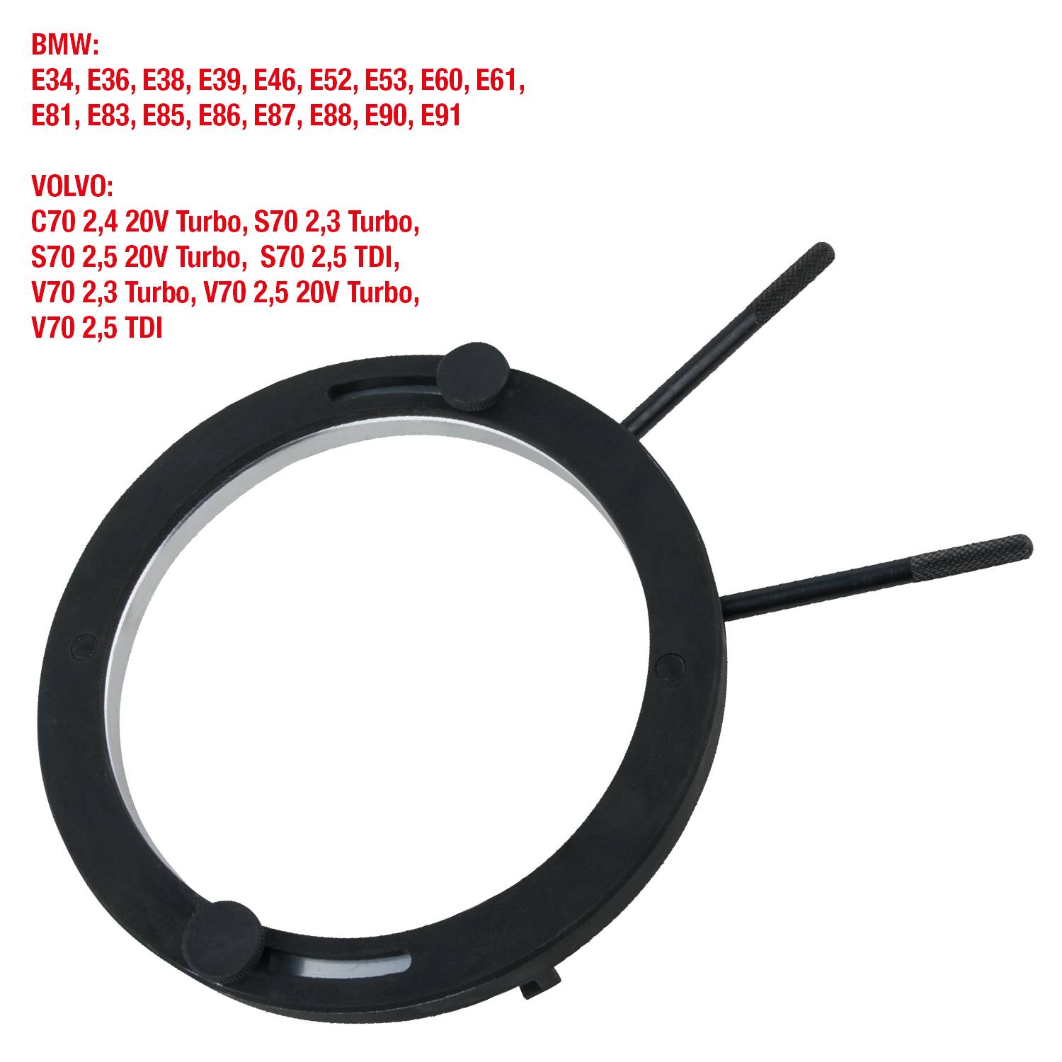 Czarny pierścień narzędziowy do obracania wału rozrządu podczas napraw samochodowych. Lista kompatybilnych modeli BMW i Volvo w czerwonym tekście.