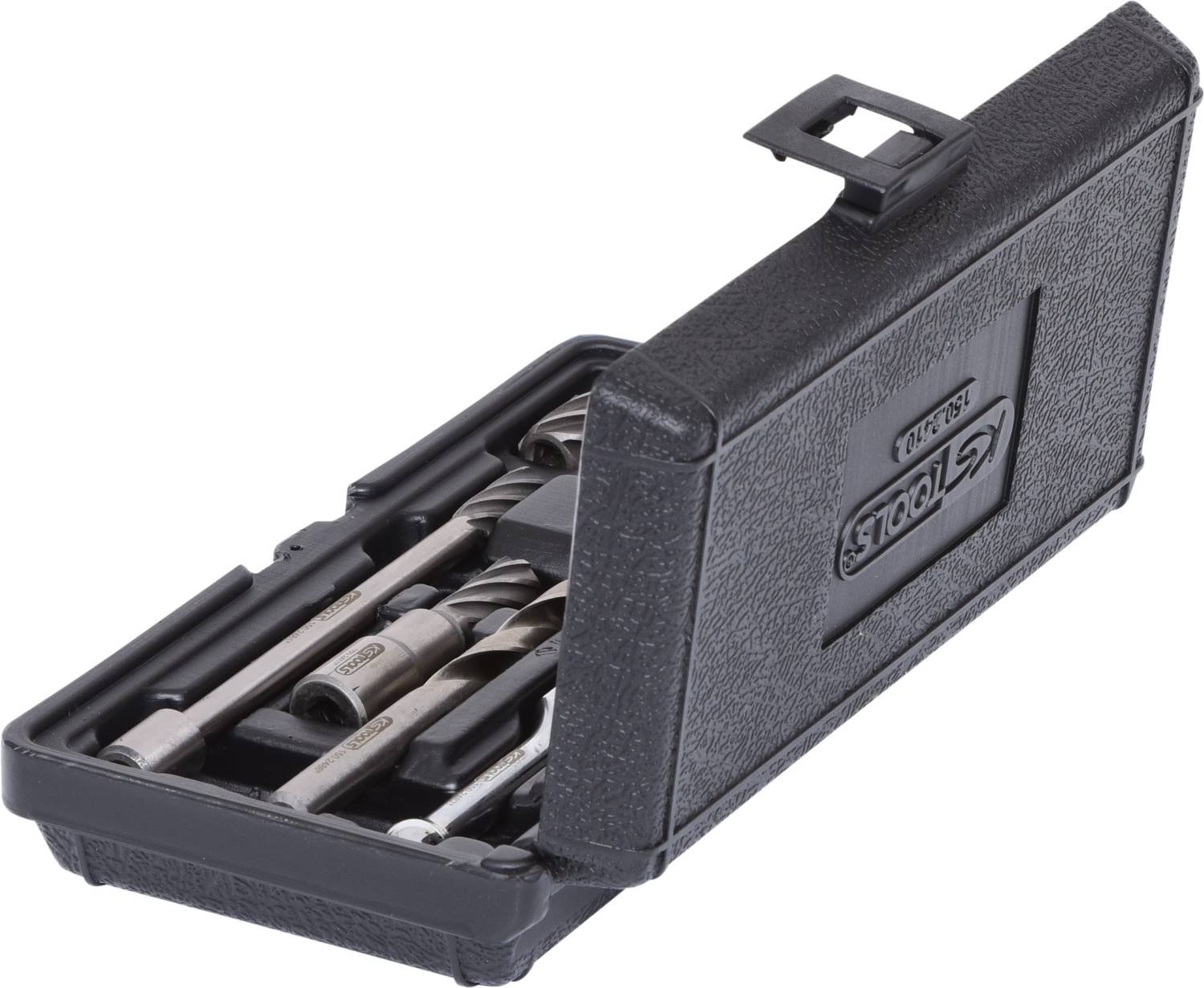 Czarne etui z różnymi wiertłami i narzędziami w środku, częściowo otwarte, przedstawia logo marki narzędziowej.
