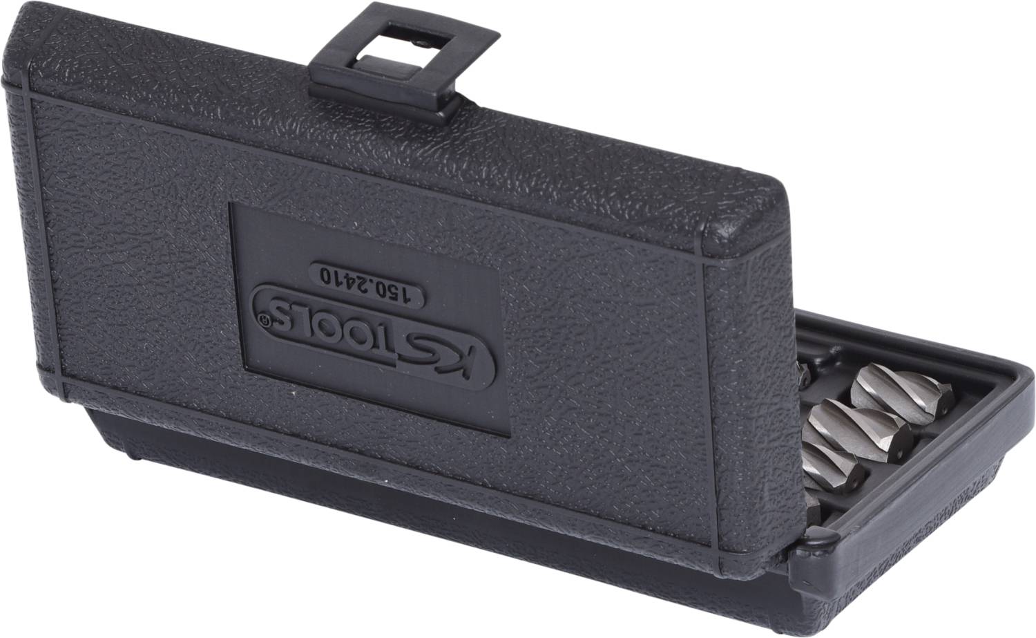 Plastikowe etui z otwartą pokrywą, prezentujące kilka precyzyjnych wierteł w różnych rozmiarach, starannie zamocowanych w środku.