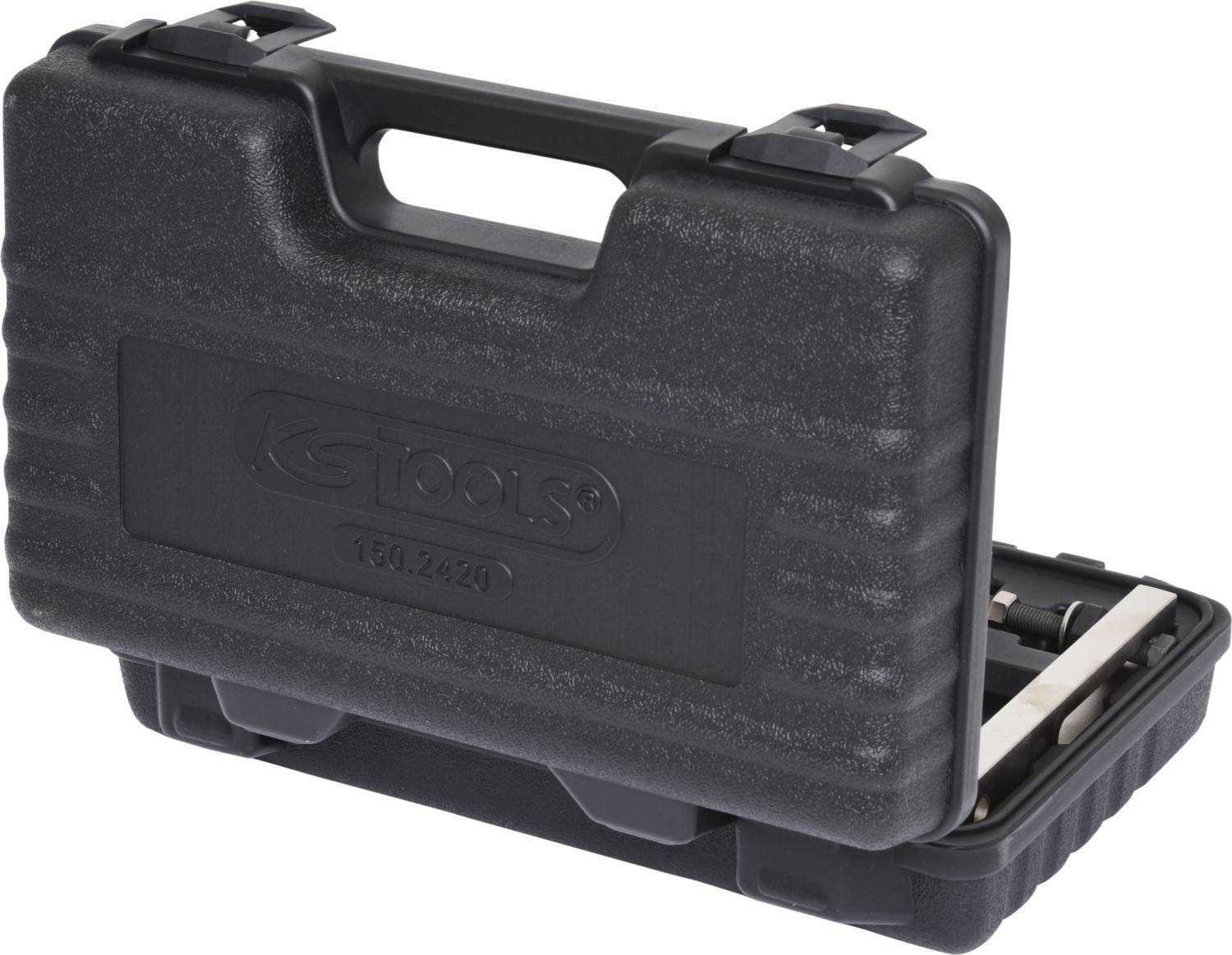 Czarny walizka na narzędzia wykonana z wytrzymałego tworzywa sztucznego, częściowo otwarta, z widocznymi narzędziami w środku.