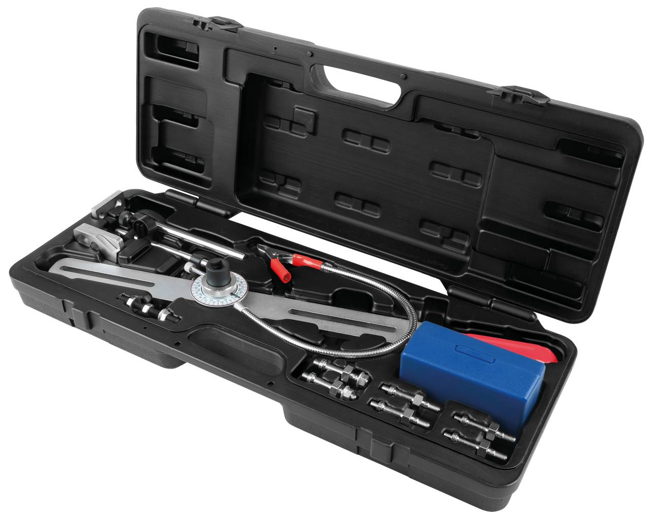 Zestaw narzędzi samochodowych w otwartym czarnym etui, w tym klucz dynamometryczny i nasadki, różnorodne narzędzia warsztatowe ułożone profesjonalnie.