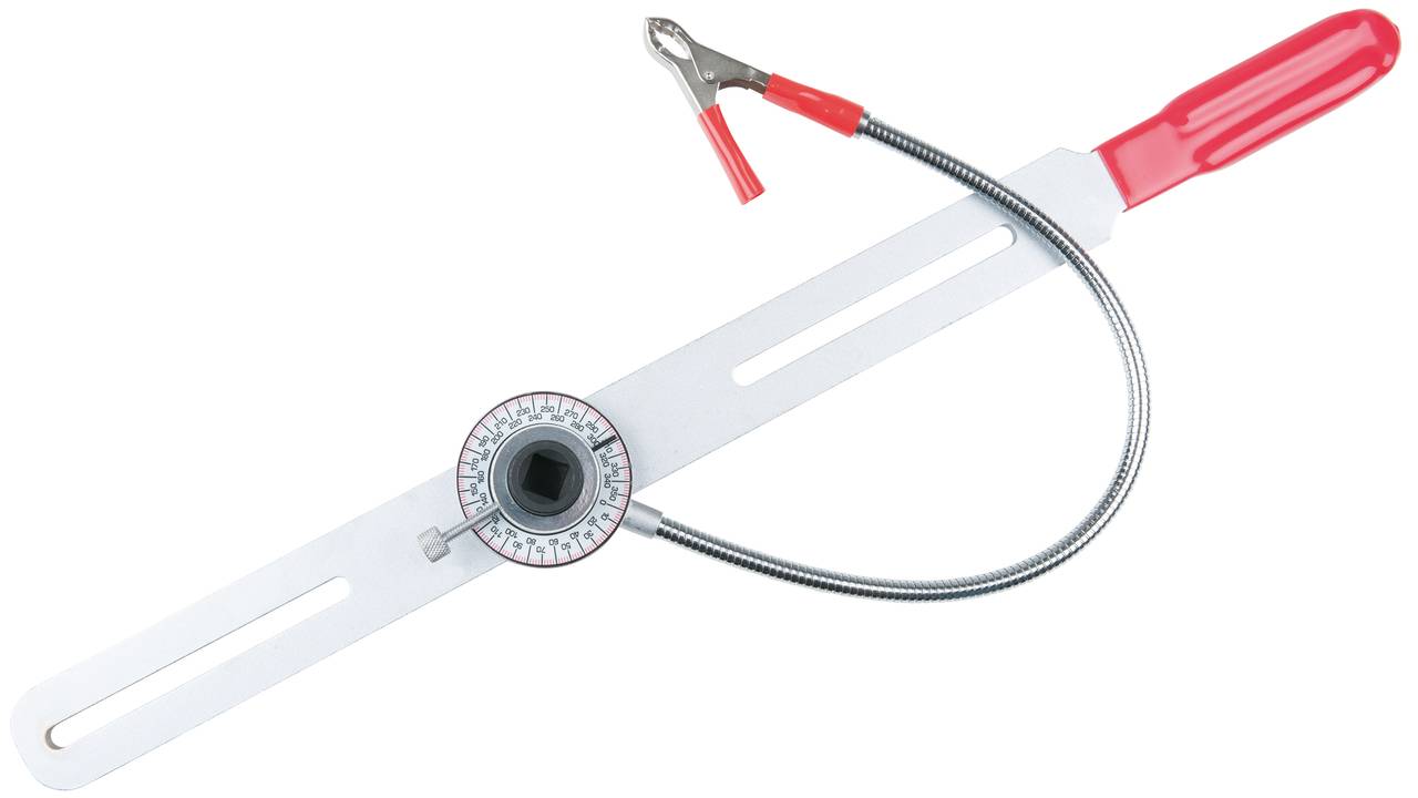 Kątomierz momentu obrotowego z czerwonym uchwytem i zaciskiem mocującym; używany do precyzyjnego pomiaru kąta skręcenia podczas dokręcania śrub.