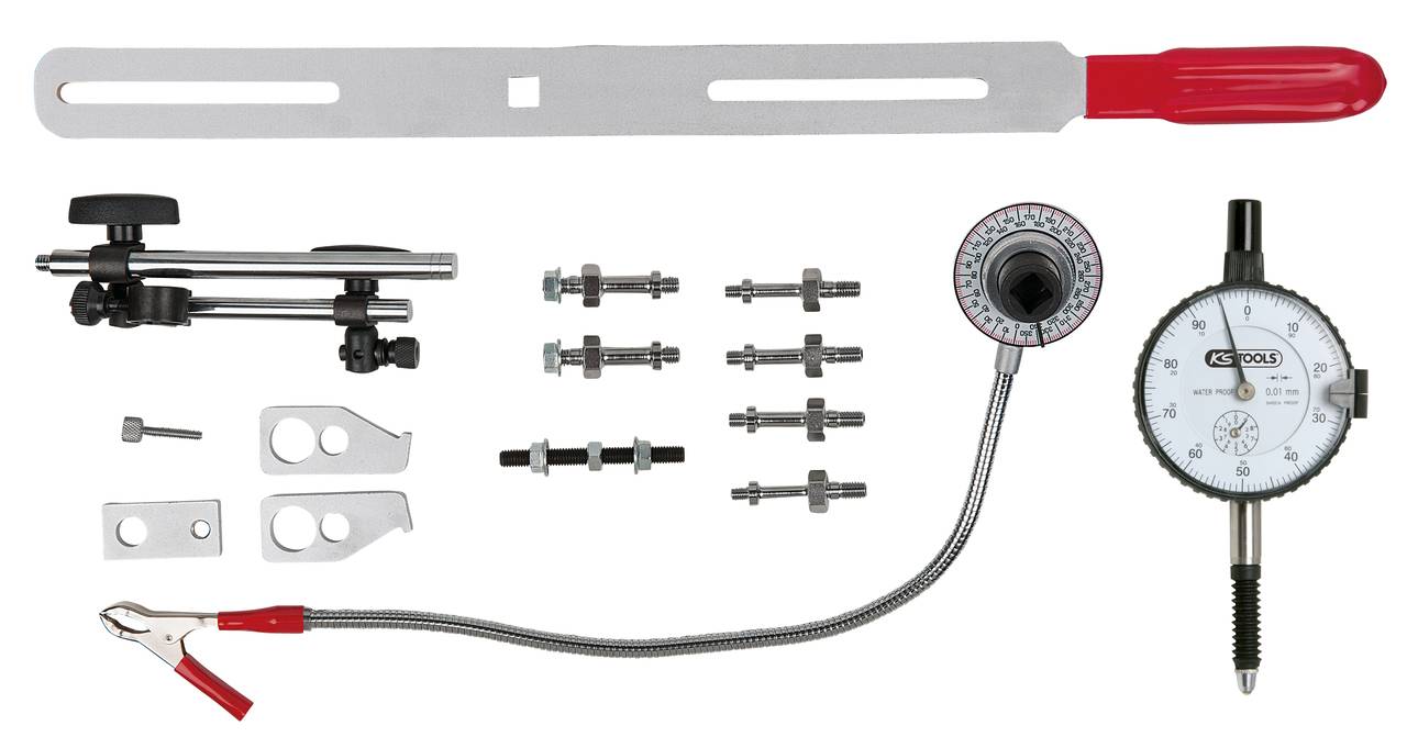 Wieloczęściowy zestaw do wyrównywania z czujnikiem zegarowym, uchwytami montażowymi i trzpieniami regulacyjnymi, przeznaczony do precyzyjnego pozycjonowania w zastosowaniach technicznych.