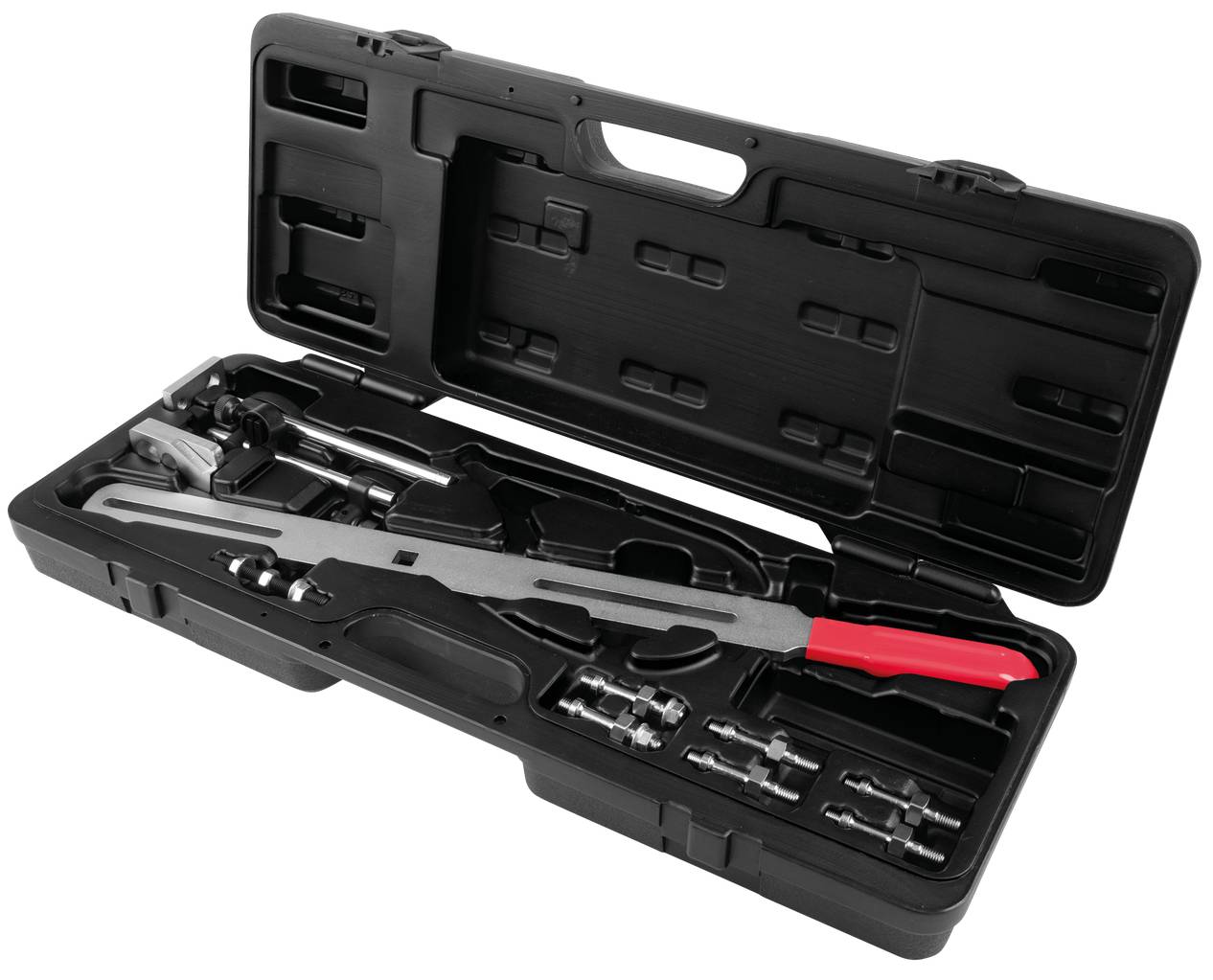 Czarny, otwarty plastikowy kufer z różnymi narzędziami naprawczymi, w tym z tłoczkiem hamulcowym z czerwonym uchwytem do cofania.