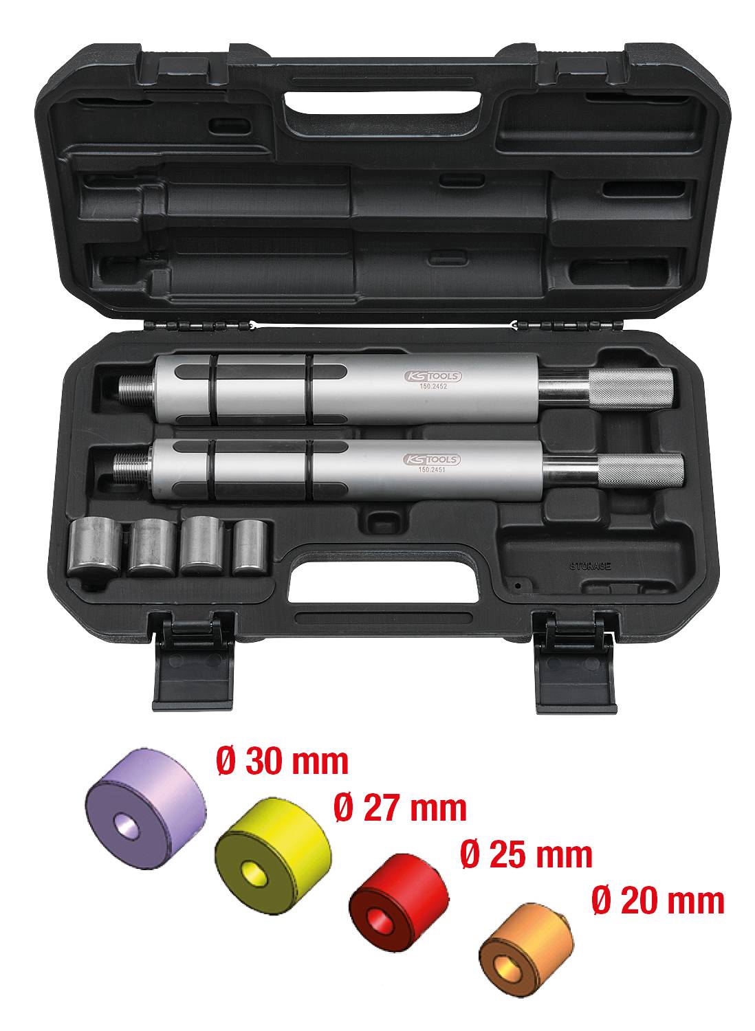 Zestaw narzędziowy z dwoma cylindrami i czterema adapterami. Poniżej kolorowo oznaczone rozmiary: 30 mm, 27 mm, 25 mm, 20 mm.