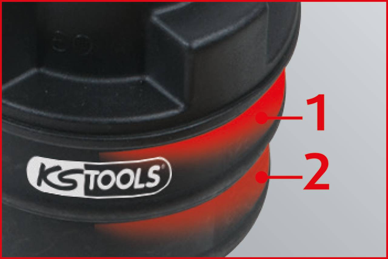 Logo 'KS Tools' na czarnym obiekcie z dwoma zaznaczonymi, ponumerowanymi punktami w czerwonej ramce.