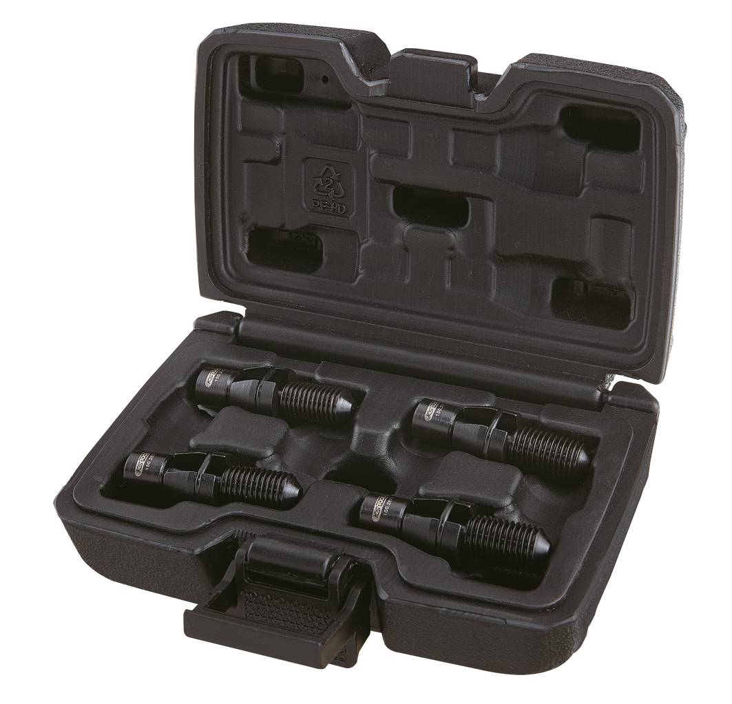 'Otwarte czarne pudełko z tworzywa sztucznego prezentujące pięć czarnych zabezpieczeń śrub kół samochodowych, chronionych dopasowaną wkładką piankową.'