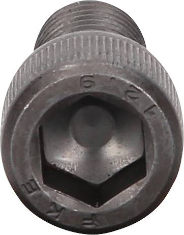 Zbliżenie czarnej śruby z gniazdem sześciokątnym. Widać górną część śruby z sześciokątnym wgłębieniem.