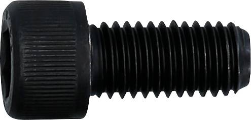 Czarna śruba cylindryczna z łbem i gwintem wewnętrznym, widok z boku. Stosowana do celów mocujących.