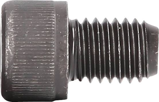 Zbliżenie czarnej, ryflowanej śruby metalowej z łbem cylindrycznym i gwintem, na neutralnym tle.