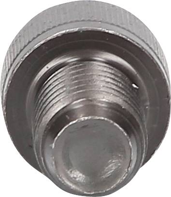 Metalowy walcowaty obiekt z karbowaną krawędzią, prawdopodobnie element techniczny lub zamknięcie.