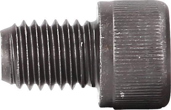 Czarny metalowy łeb śruby z rowkami i krótkim, gładkim odcinkiem na jednym końcu, ułożony w pozycji poziomej.