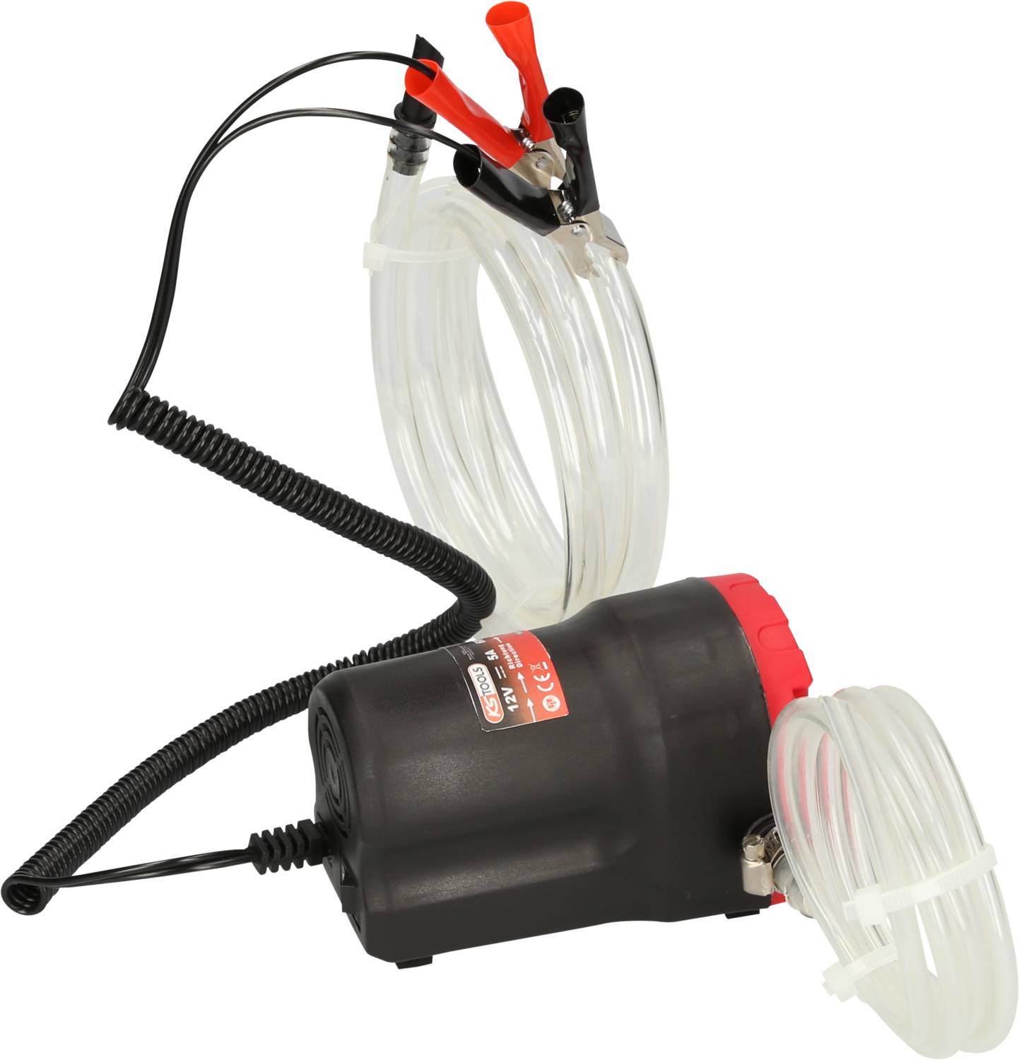 Czarna pompa ssąca do oleju z czerwonymi i czarnymi zaciskami, przezroczystymi wężami i czerwonym zamknięciem. Do usuwania oleju z silników.