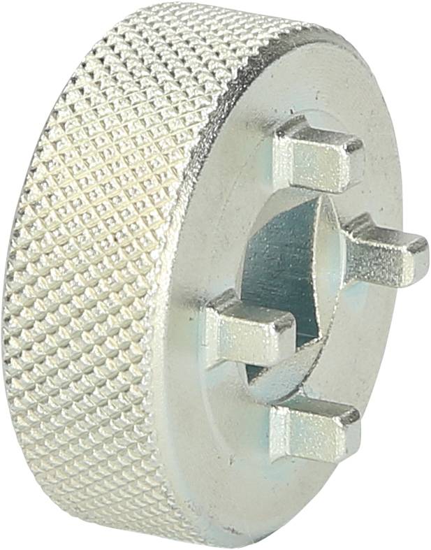 Metalowe kółko z rowkami z krzyżowym otworem wewnętrznym i strukturyzowaną krawędzią dla lepszego chwytu. Stosowane do ręcznej regulacji.