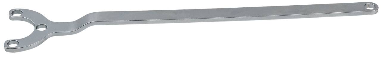 Srebrny, metalowy klucz hakowy, płaski i długi, z trzema otworami na jednym końcu, przydatny do odkręcania śrub.