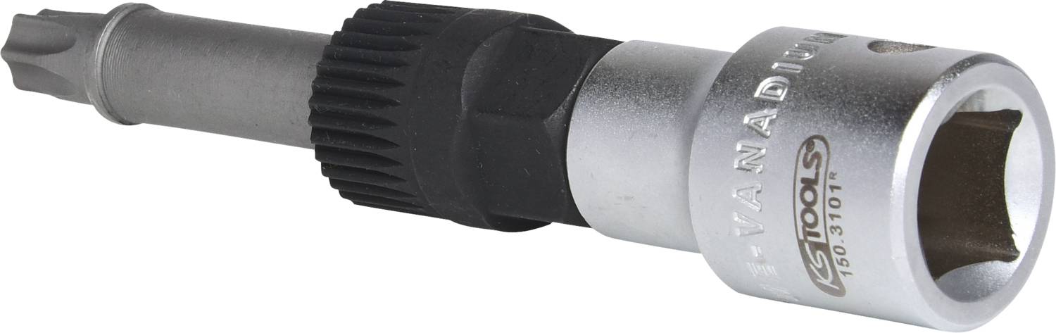 Nasadka wkrętakowa metalowa wykonana ze stali chromowo-wanadowej z uchwytem T oraz ryflowaną rękojeścią, przeznaczona do precyzyjnych prac.