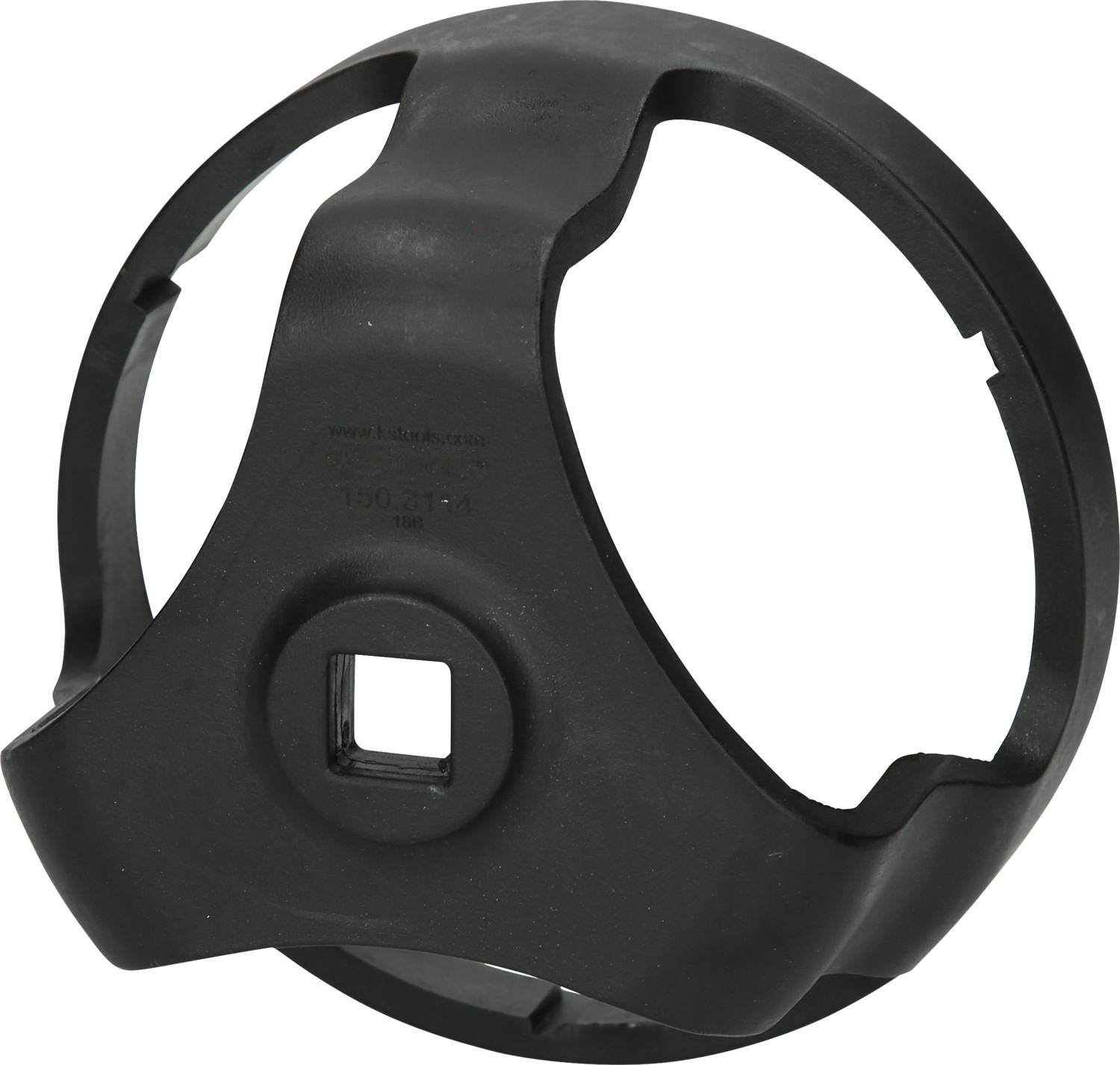 Czarna plastikowa osłona o kształcie okrągłym z kwadratowym otworem pośrodku. Stosowana jako element ochronny lub mocujący.