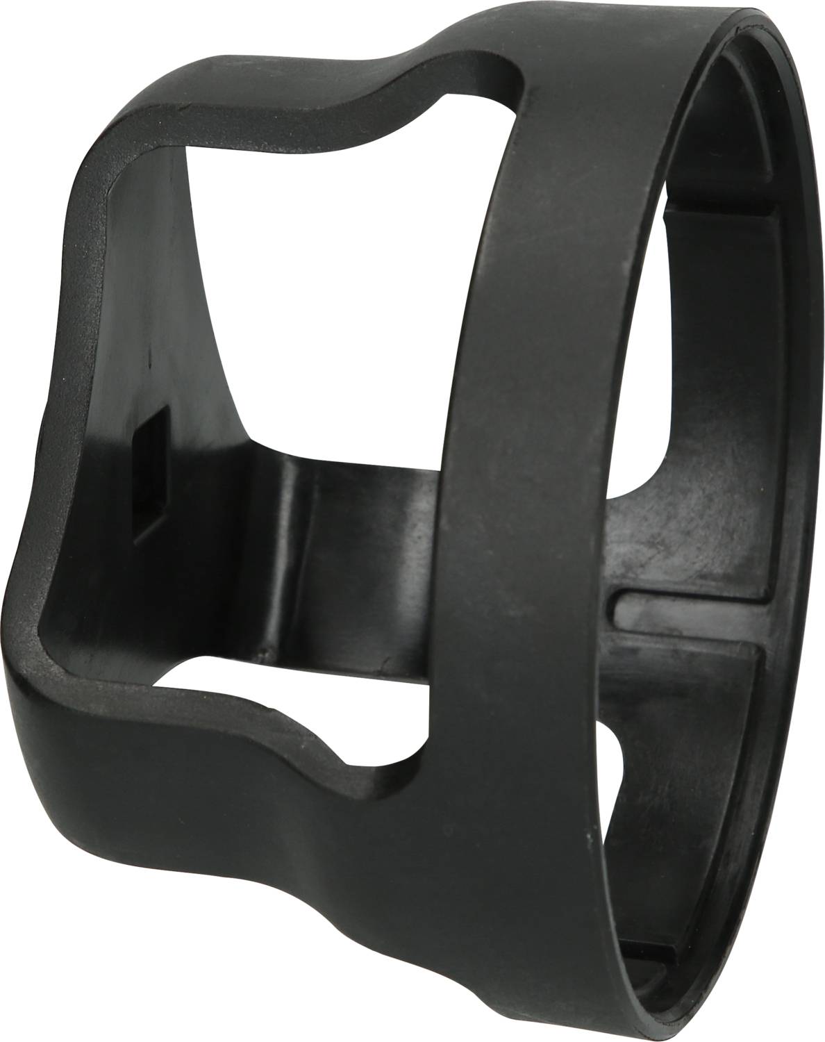 Czarny, okrągły pierścień z tworzywa sztucznego z prostokątnym wycięciem, prawdopodobnie stanowiący element urządzenia mechanicznego lub jego wyposażenia.