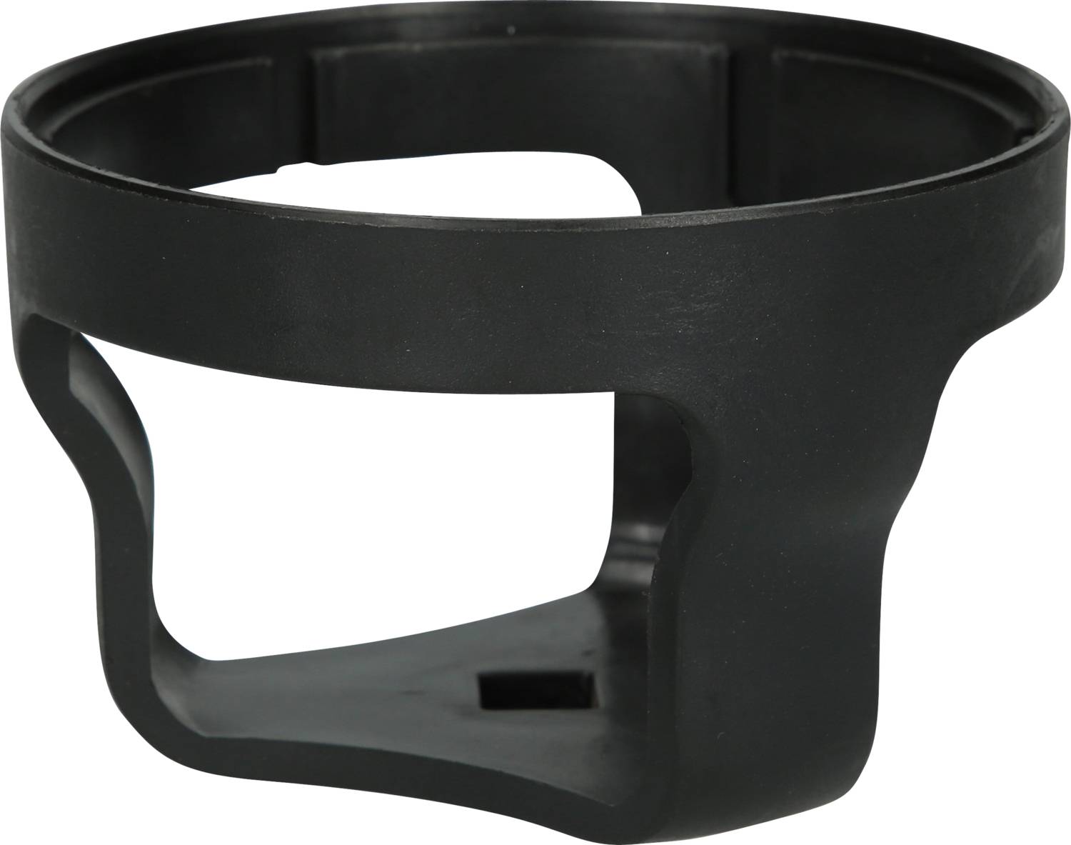 Czarny uchwyt plastikowy, okrągły z szerokim otworem z boku. Używany do mocowania lub zabezpieczania obiektów.