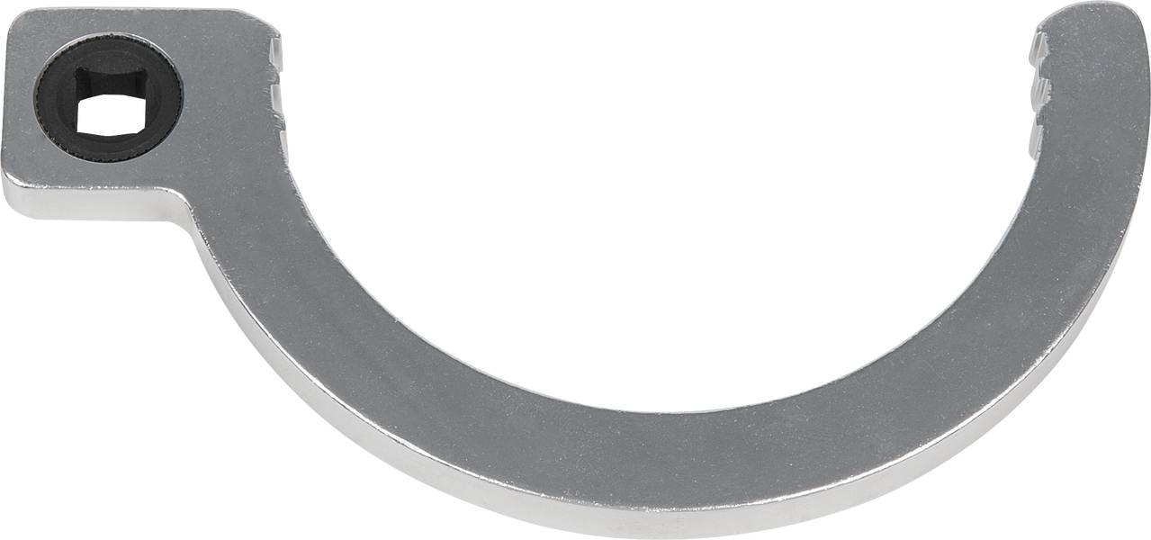 Srebrny haczyk o kwadratowym otworze na jednym końcu i dwóch rowkach na drugim końcu, prawdopodobnie narzędzie.